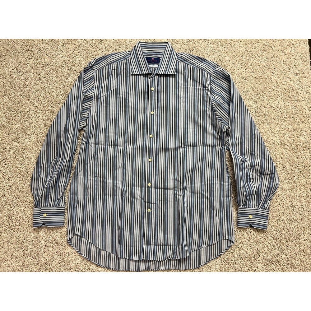 ETRO Dress Shirt Mens 42 Long Sleeve Blue White Striped Button Up Made In Italy